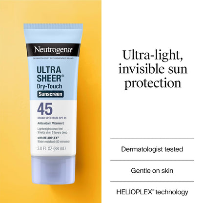 Ultra Sheer Dry-Touch Water Resistant and Non-Greasy Sunscreen Lotion with Broad Spectrum SPF 45, Tsa-Compliant Travel Size, 3 Fl Oz, Pack of 2, 6 Fl Oz
